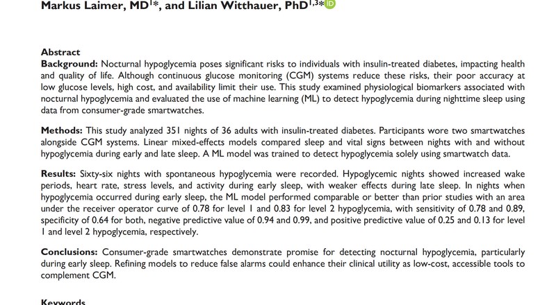 New Publication: Toward Detection of Nocturnal Hypoglycemia Using Consumer-Grade Smartwatches and Machine Learning